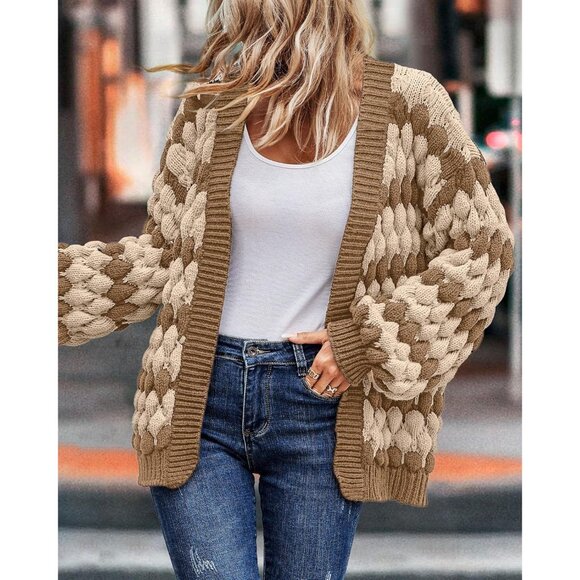 Womens Chunky Knit Cardigan Open Front Lantern Sleeve Color Block Cozy Sweater - Picture 5 of 6